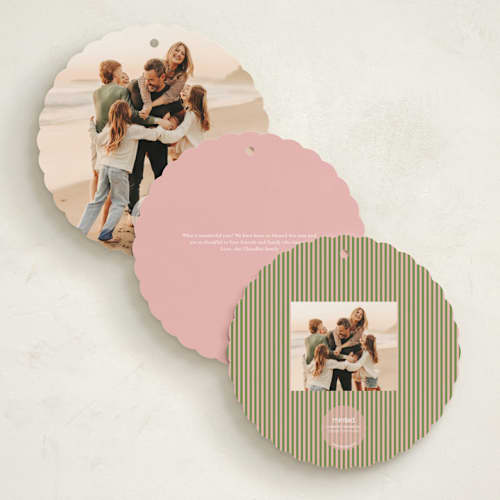 This is a pistachio holiday card ornaments with standard by Erika Firm called joy cloud printing on signature in ornament