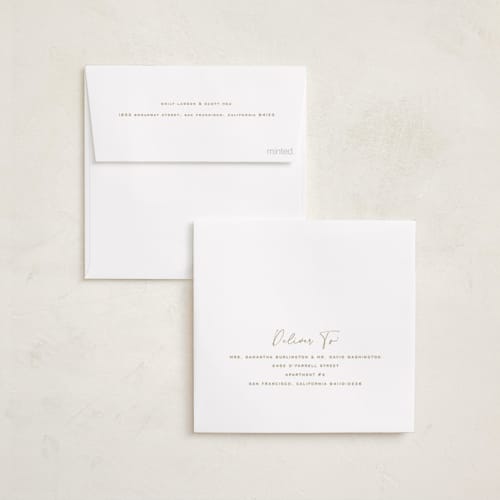 This is a latte foil pressed holiday cards with foil pressed by Kamala Nahas called merry slide printing on recycled smooth signature in square