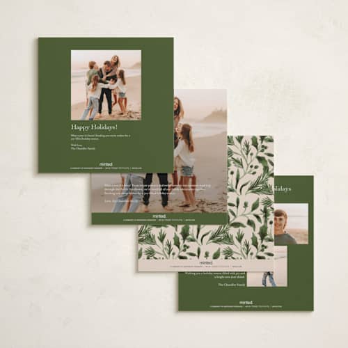 This is a olive foil pressed holiday cards with foil pressed by Elly called a peaceful winter printing on recycled smooth signature in square