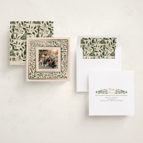 This is a olive foil pressed holiday cards with foil pressed by Elly called a peaceful winter printing on recycled smooth signature in square