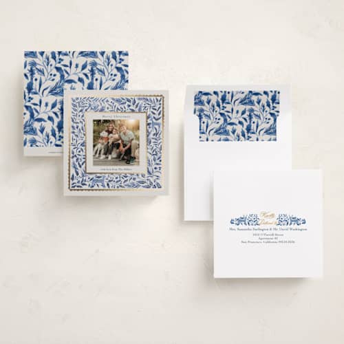 This is a porcelain foil pressed holiday cards with foil pressed by Elly called a peaceful winter printing on recycled smooth signature in square