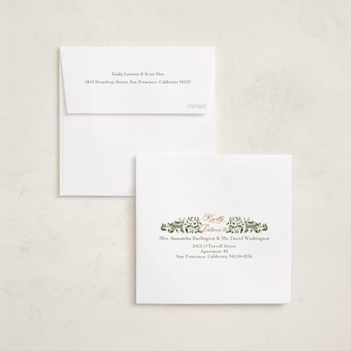 This is a olive foil pressed holiday cards with foil pressed by Elly called a peaceful winter printing on recycled smooth signature in square