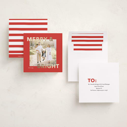 This is a holly foil pressed holiday cards with foil pressed by Angela Thompson called merry bright printing on recycled smooth signature in square