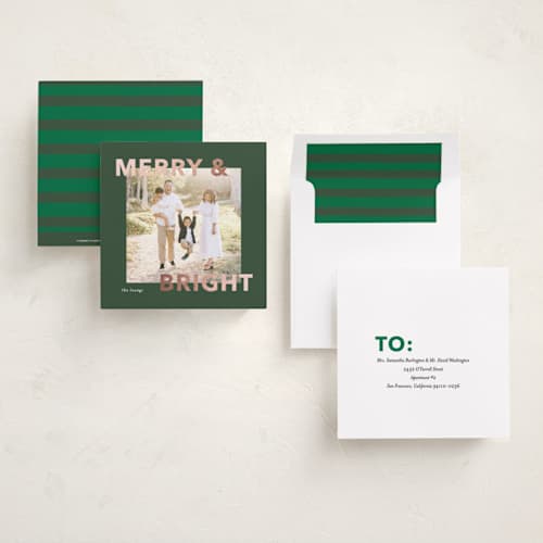 This is a juniper foil pressed holiday cards with foil pressed by Angela Thompson called merry bright printing on recycled smooth signature in square