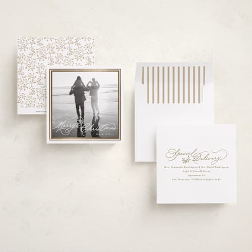 This is a snow foil pressed holiday cards with foil pressed by Tamara Hilje called goldie printing on recycled smooth signature in square
