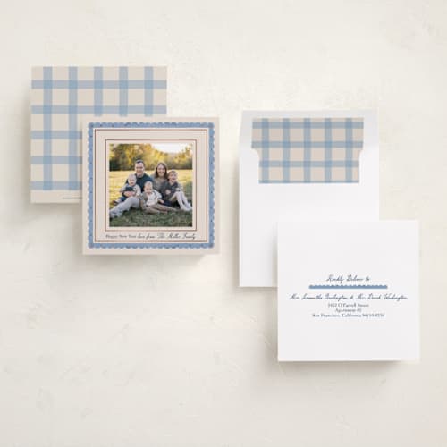This is a sky foil pressed holiday cards with foil pressed by Elly called modern cottage printing on recycled smooth signature in square