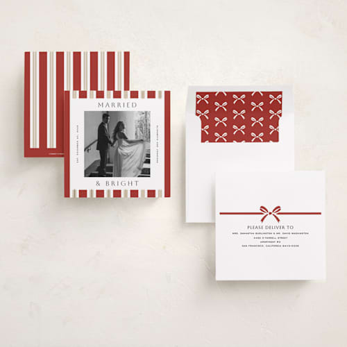 This is a santa suit foil pressed holiday cards with foil pressed by Yuliya Evseeva called holiday rhythm printing on recycled smooth signature in square