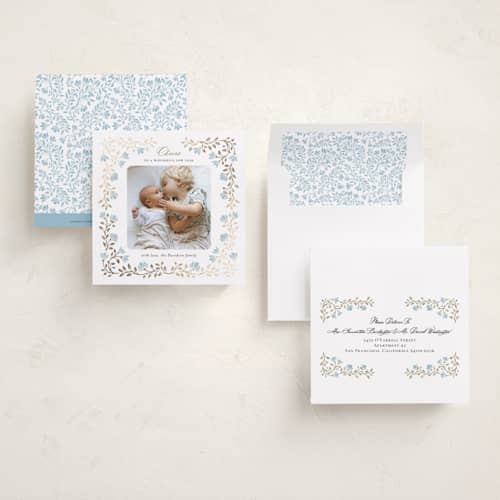 This is a bluebell foil pressed holiday cards with foil pressed by Anna Black called floral cascade printing on recycled smooth signature in square