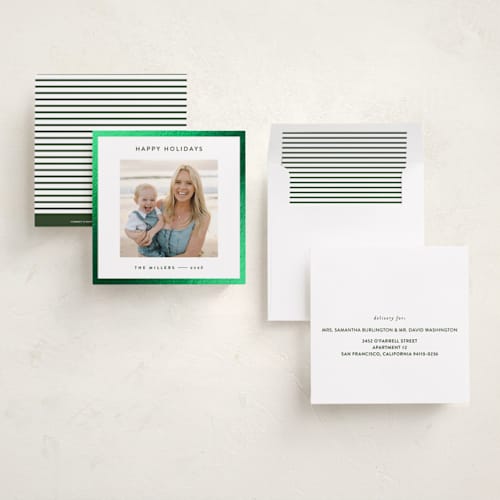 This is a spruce foil pressed holiday cards with foil pressed by JoAnn Jinks called square printing on recycled smooth signature in square