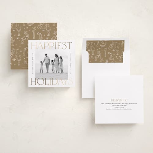 This is a snow foil pressed holiday cards with foil pressed by Pink House Press called equilateral printing on recycled smooth signature in square