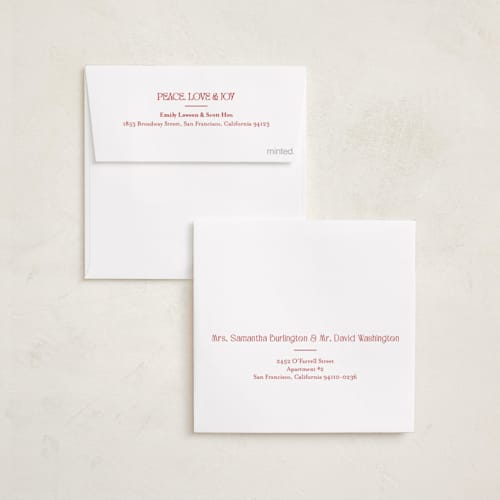 This is a snow foil pressed holiday cards with foil pressed by Carolyn Kach called peace love & joy printing on recycled smooth signature in square