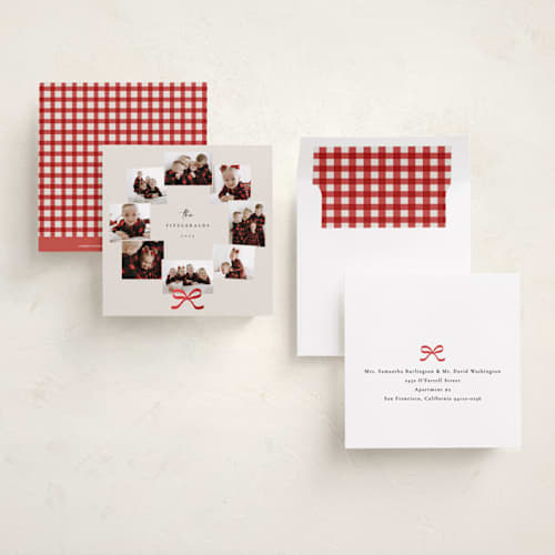 This is a eggnog foil pressed holiday cards with foil pressed by Adelyn T. called jolly wreath printing on recycled smooth signature in square