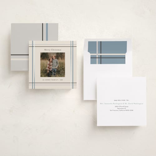 This is a icicle foil pressed holiday cards with foil pressed by Mandy Lee called perfectly plaid printing on recycled smooth signature in square