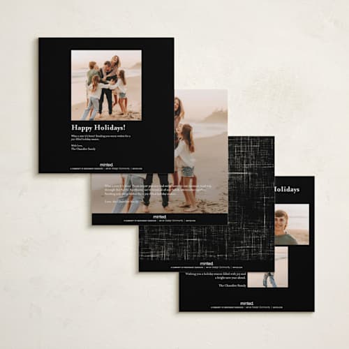 This is a licorice foil pressed holiday cards with foil pressed by Tamara Hilje called holiday soneto printing on recycled smooth signature in square