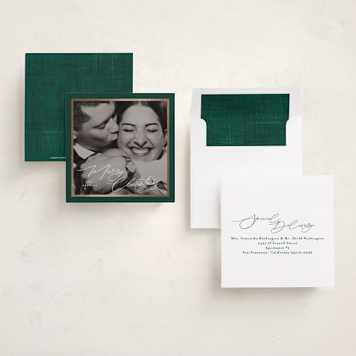 This is a forest foil pressed holiday cards with foil pressed by Tamara Hilje called holiday soneto printing on recycled smooth signature in square