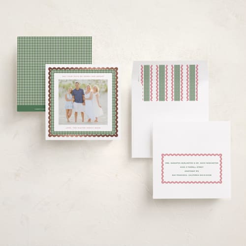 This is a candy foil pressed holiday cards with foil pressed by Erin German called gingham fun printing on recycled smooth signature in square