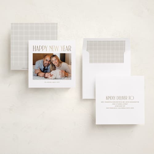 This is a snow foil pressed holiday cards with foil pressed by Angela Garrick called simple printing on recycled smooth signature in square