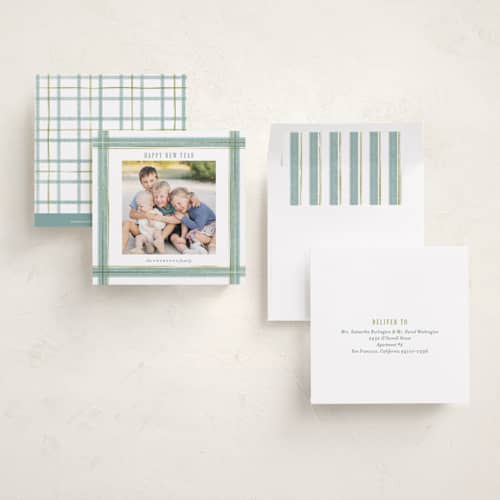 This is a wintermint foil pressed holiday cards with foil pressed by Paula Pecevich called brushed plaid printing on recycled smooth signature in square