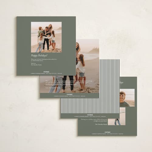 This is a sage green foil pressed holiday cards with foil pressed by Lucrecia Caporale called striped frame printing on recycled smooth signature in square