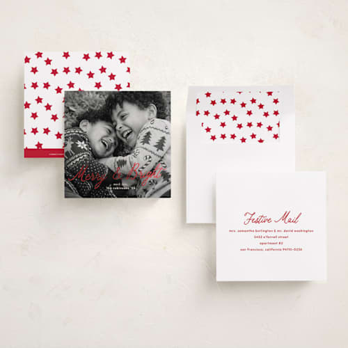 This is a santa suit foil pressed holiday cards with foil pressed by Blustery August called a sparkling christmas season printing on signature in square