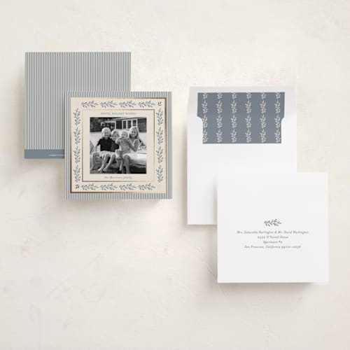 This is a blue jay foil pressed holiday cards with foil pressed by Angela Garrick called tennessee printing on recycled smooth signature in square
