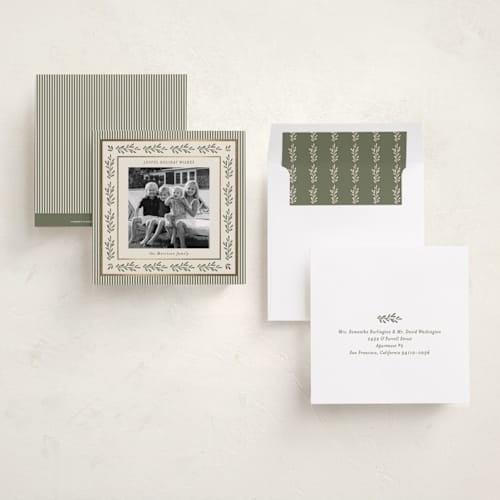 This is a sage foil pressed holiday cards with foil pressed by Angela Garrick called tennessee printing on recycled smooth signature in square