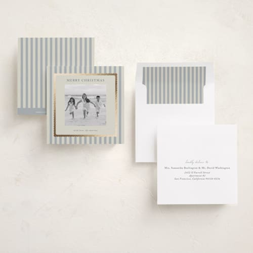 This is a wintermint foil pressed holiday cards with foil pressed by Stephanie Heinrich Godbout called coastal stripe printing on recycled smooth signature in square
