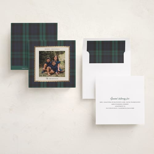 This is a spruce foil pressed holiday cards with foil pressed by Heather Schertzer called campbell printing on recycled smooth signature in square