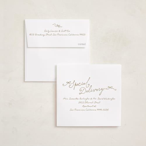 This is a snow foil pressed holiday cards with foil pressed by Tamara Hilje called scallops printing on recycled smooth signature in square