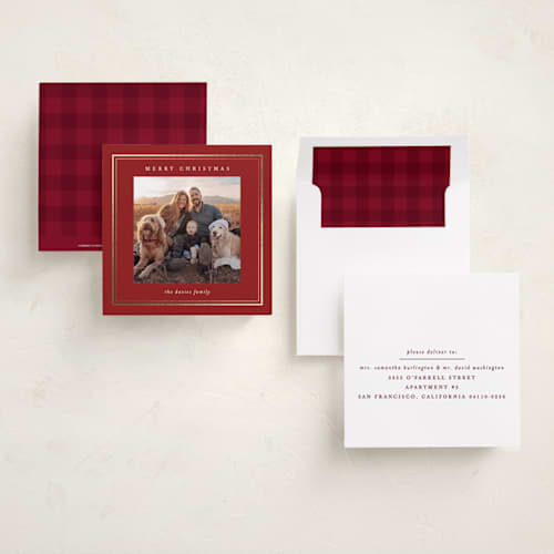 This is a cranberry foil pressed holiday cards with foil pressed by Brooke Chandler called gilt square printing on recycled smooth signature in square