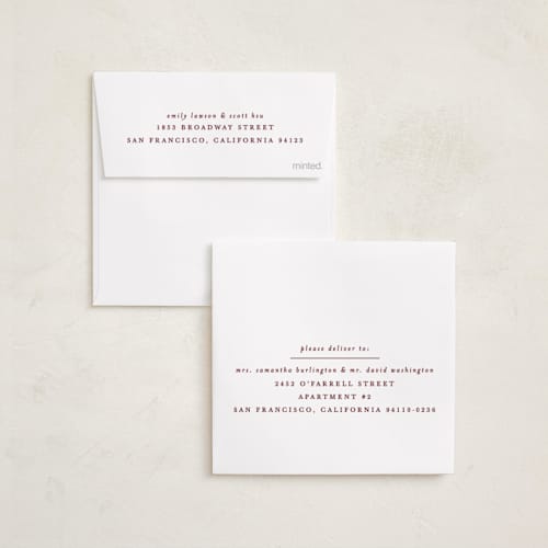 This is a cranberry foil pressed holiday cards with foil pressed by Brooke Chandler called gilt square printing on recycled smooth signature in square