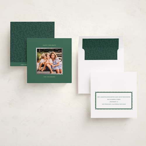 This is a evergreen foil pressed holiday cards with foil pressed by Leia Matt called wavy stamp printing on recycled smooth signature in square
