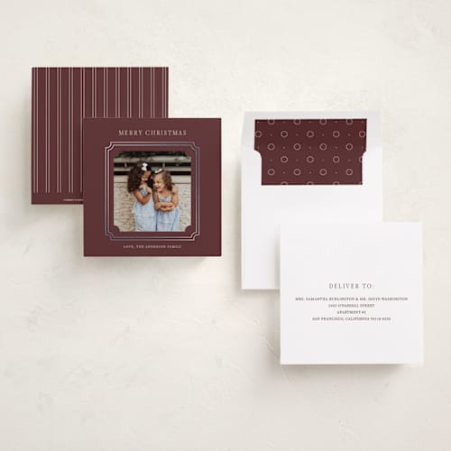 This is a mulled wine foil pressed holiday cards with foil pressed by Cass Loh called frosted heirloom frame printing on recycled smooth signature in square