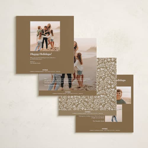 This is a vanilla foil pressed holiday cards with foil pressed by Anna Black called leafy pattern printing on recycled smooth signature in square