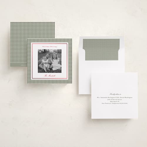 This is a pine foil pressed holiday cards with foil pressed by Angela Garrick called gingham and foil printing on recycled smooth signature in square