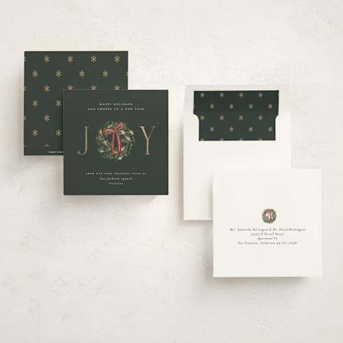 This is a evergreen foil pressed holiday cards with foil pressed by Jelena Vuletic called everleigh printing on signature in square
