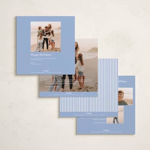 This is a periwinkle foil pressed holiday cards with foil pressed by Angela Thompson called sailor stripe printing on recycled smooth signature in square