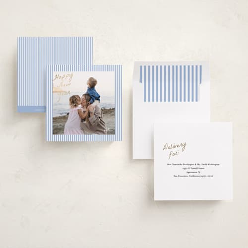This is a periwinkle foil pressed holiday cards with foil pressed by Angela Thompson called sailor stripe printing on recycled smooth signature in square