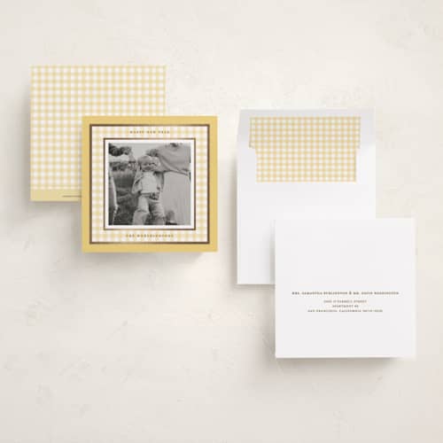 This is a cornucopia foil pressed holiday cards with foil pressed by Lucrecia Caporale called gingham frame printing on recycled smooth signature in square