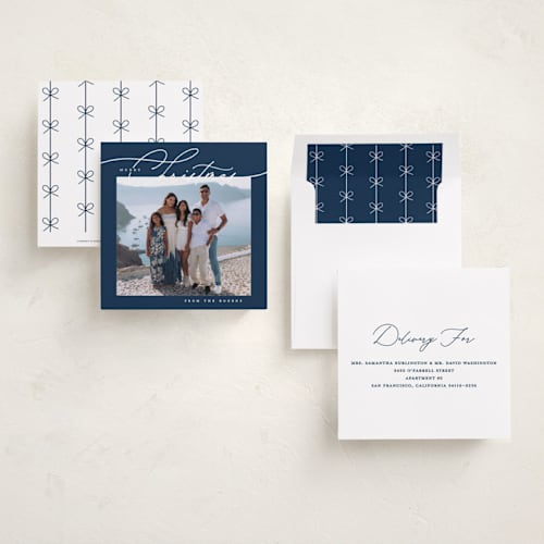 This is a navy holiday photo cards with standard by Susan Zinader called a simple script printing on recycled smooth signature in square
