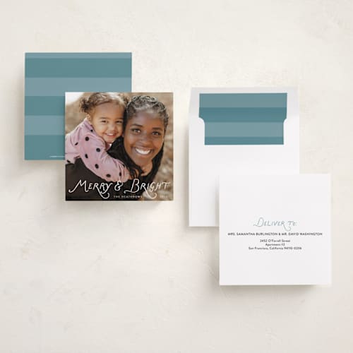 This is a snow holiday photo cards with standard by Lindsay Megahed called bright script printing on recycled smooth signature in square