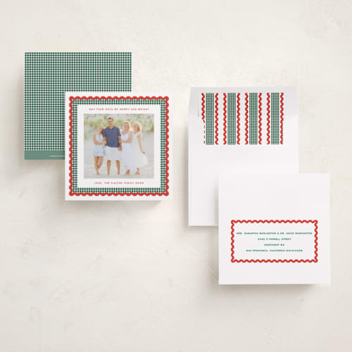 This is a mistletoe holiday photo cards with standard by Erin German called gingham fun printing on recycled smooth signature in square