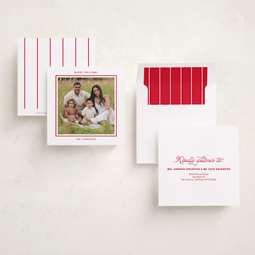 This is a candy cane holiday photo cards with standard by Tamara Hilje called chunky printing on recycled smooth signature in square