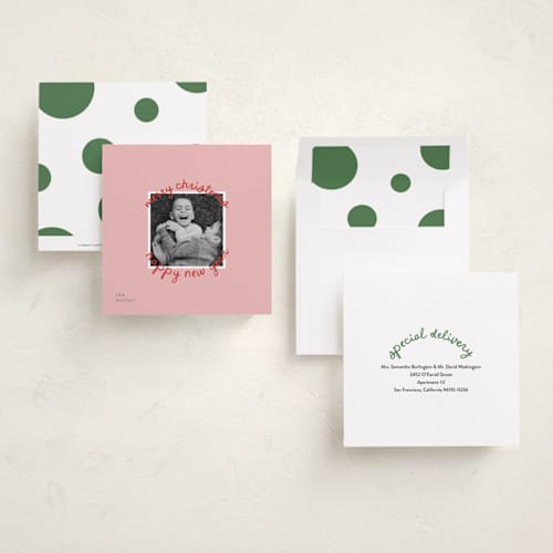 This is a candy cane holiday photo cards with standard by Christie Garcia called circale printing on recycled smooth signature in square