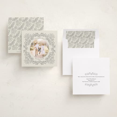 This is a charcoal holiday photo cards with standard by Jenny Millington called ornate floral printing on recycled smooth signature in square