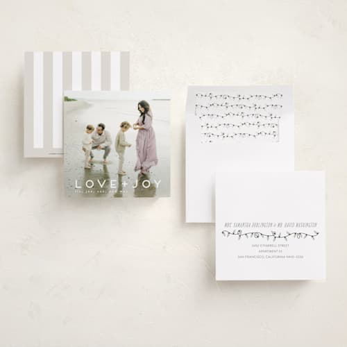 This is a snow holiday photo cards with standard by Kate Ross called love joy printing on recycled smooth signature in square