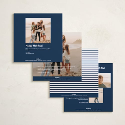 This is a navy holiday photo cards with standard by JoAnn Jinks called square printing on recycled smooth signature in square