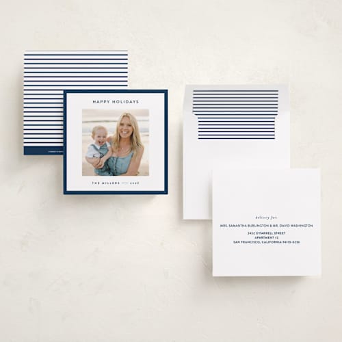 This is a navy holiday photo cards with standard by JoAnn Jinks called square printing on recycled smooth signature in square
