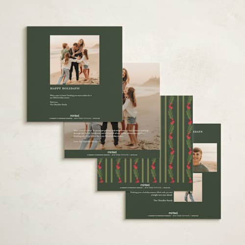 This is a pine holiday photo cards with standard by Creo Study called holiday wreath printing on signature in square