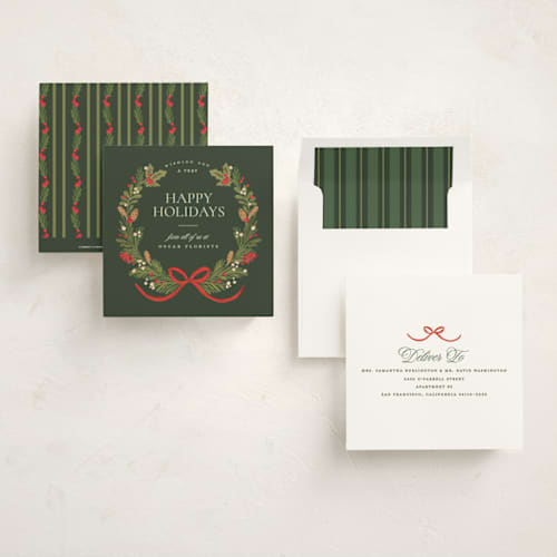 This is a pine holiday photo cards with standard by Creo Study called holiday wreath printing on signature in square
